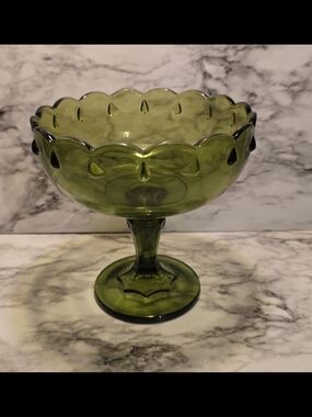 Vintage Indiana Glass avocado green pedestal compote bowl with Teardrop pattern.
